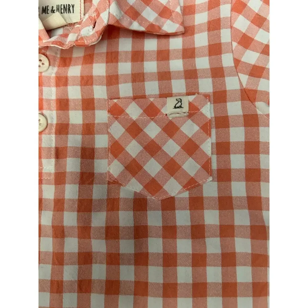 Me & Henry Orange Gingham Short Sleeve Baby Romper, Size 18-24 Months